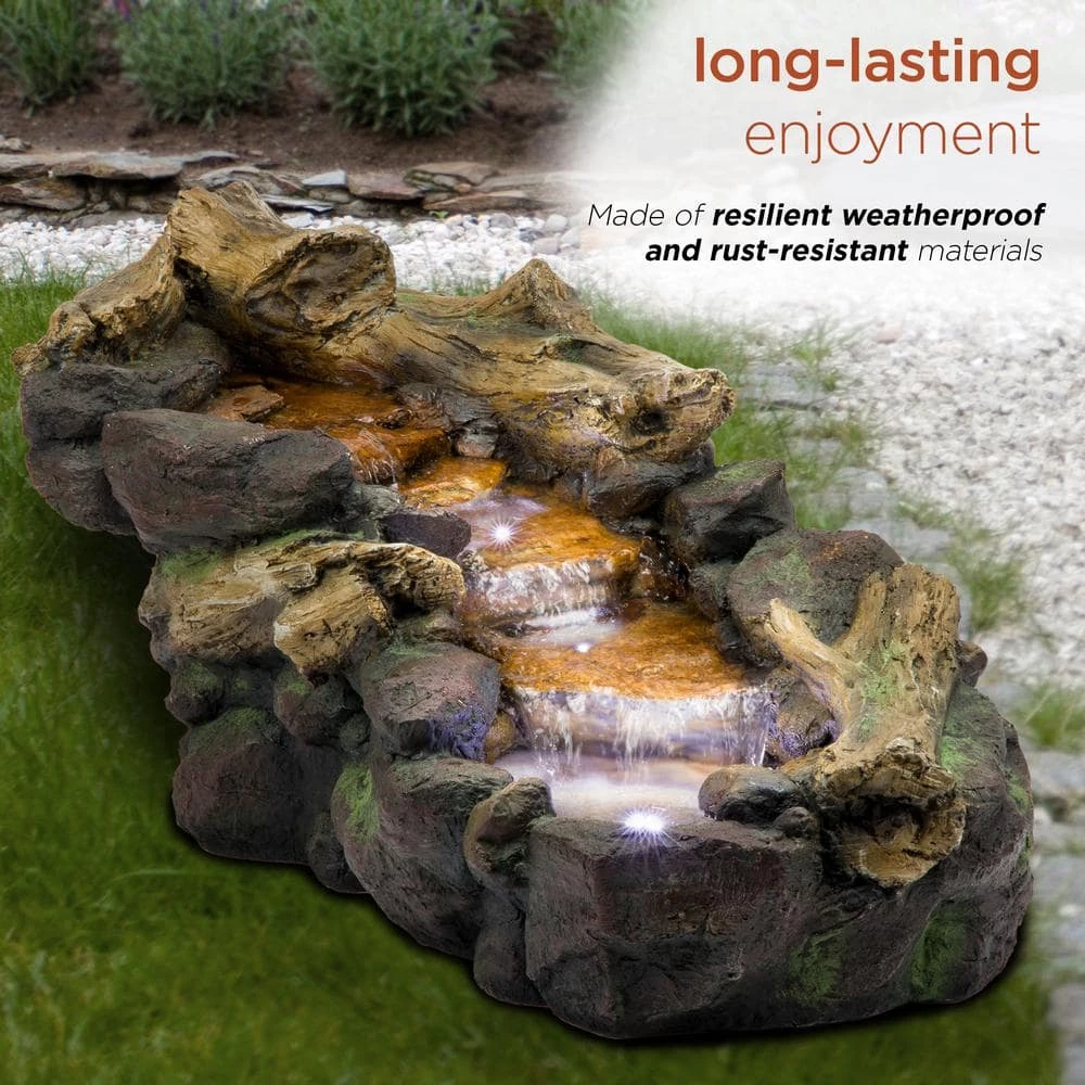 Alpine Corporation 19 in. Tall Indoor/Outdoor River Rock and Log Fountain with LED Lights - Image 7