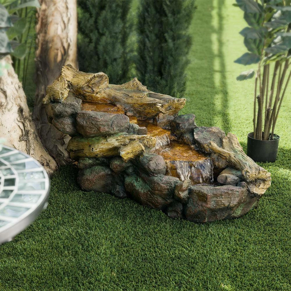 Alpine Corporation 19 in. Tall Indoor/Outdoor River Rock and Log Fountain with LED Lights - Image 2