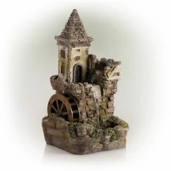 Alpine Corporation 35 in. Tall Outdoor Fairy Castle Waterwheel Tiered Fountain Yard Art decoration