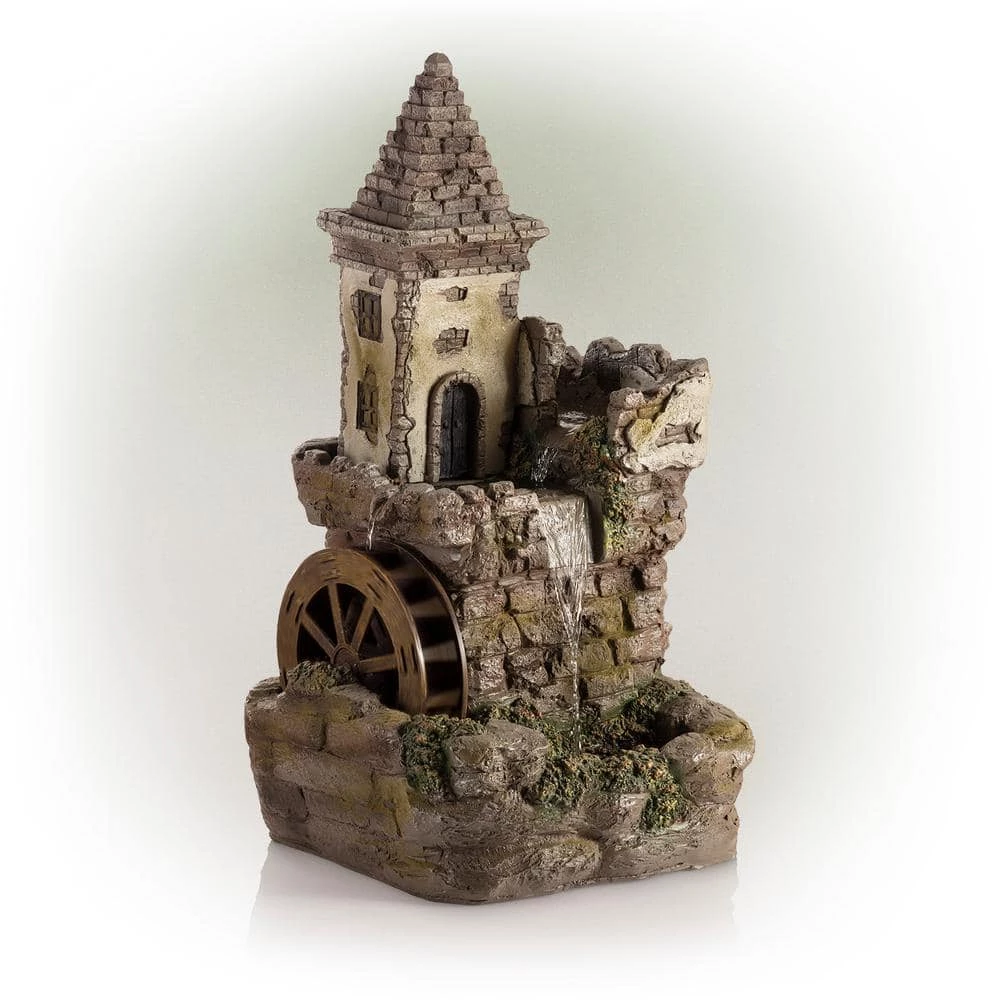 Alpine Corporation 35 in. Tall Outdoor Fairy Castle Waterwheel Tiered Fountain Yard Art decoration