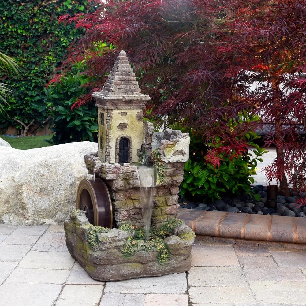 Alpine Corporation 35 in. Tall Outdoor Fairy Castle Waterwheel Tiered Fountain Yard Art decoration - Image 2