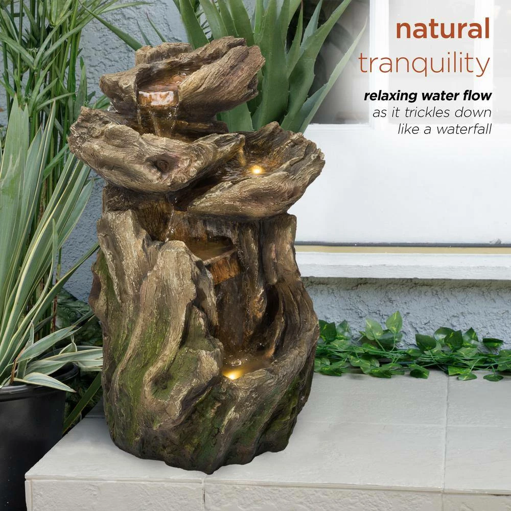 Alpine Corporation 22 in. Tall Outdoor Four-Tier Rainforest Log Waterfall Fountain with LED Lights - Image 5