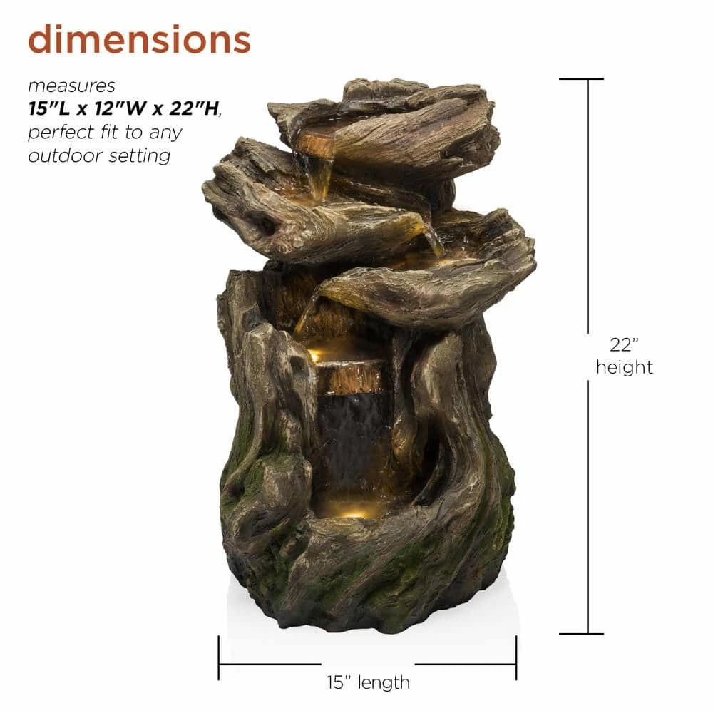 Alpine Corporation 22 in. Tall Outdoor Four-Tier Rainforest Log Waterfall Fountain with LED Lights - Image 3