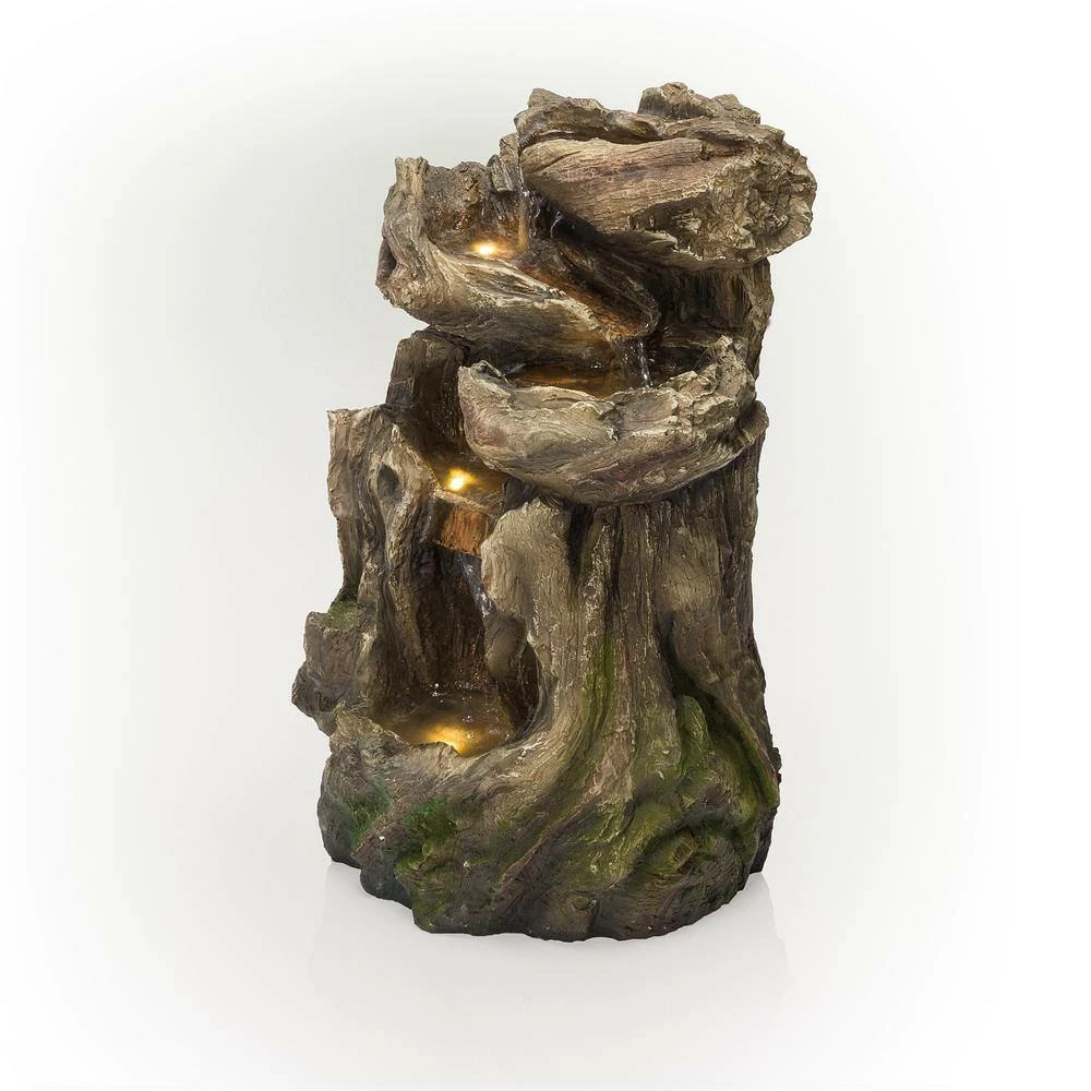 Alpine Corporation 22 in. Tall Outdoor Four-Tier Rainforest Log Waterfall Fountain with LED Lights - Image 9