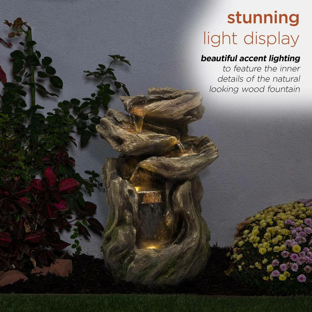 Alpine Corporation 22 in. Tall Outdoor Four-Tier Rainforest Log Waterfall Fountain with LED Lights - Image 6