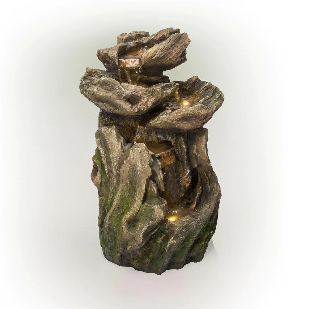 Alpine Corporation 22 in. Tall Outdoor Four-Tier Rainforest Log Waterfall Fountain with LED Lights - Image 8