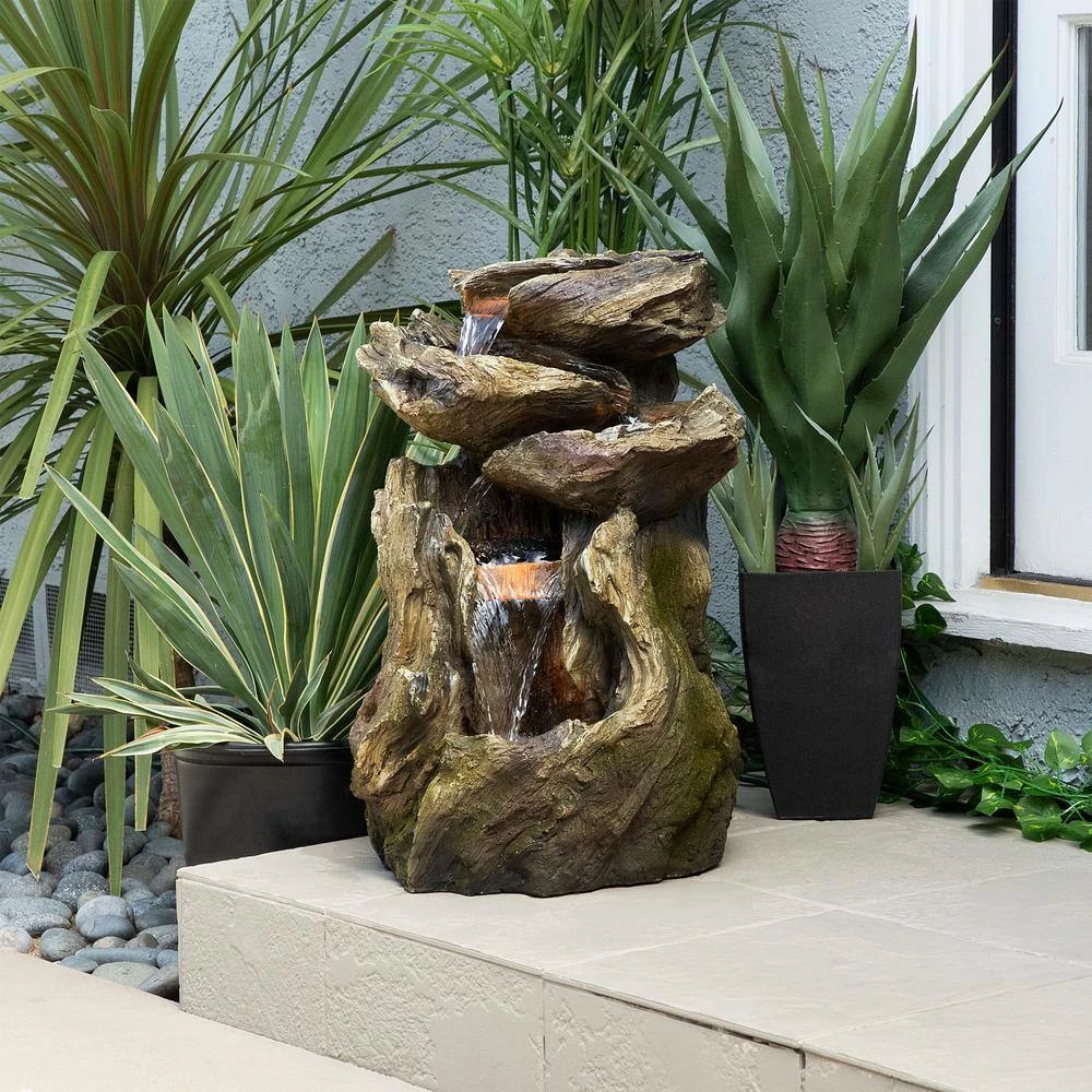 Alpine Corporation 22 in. Tall Outdoor Four-Tier Rainforest Log Waterfall Fountain with LED Lights - Image 2