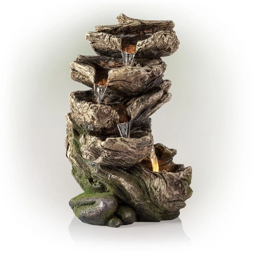Alpine Corporation 11 in. Tall Indoor/Outdoor 5-Tier Rainforest Waterfall Fountain with LED Lights