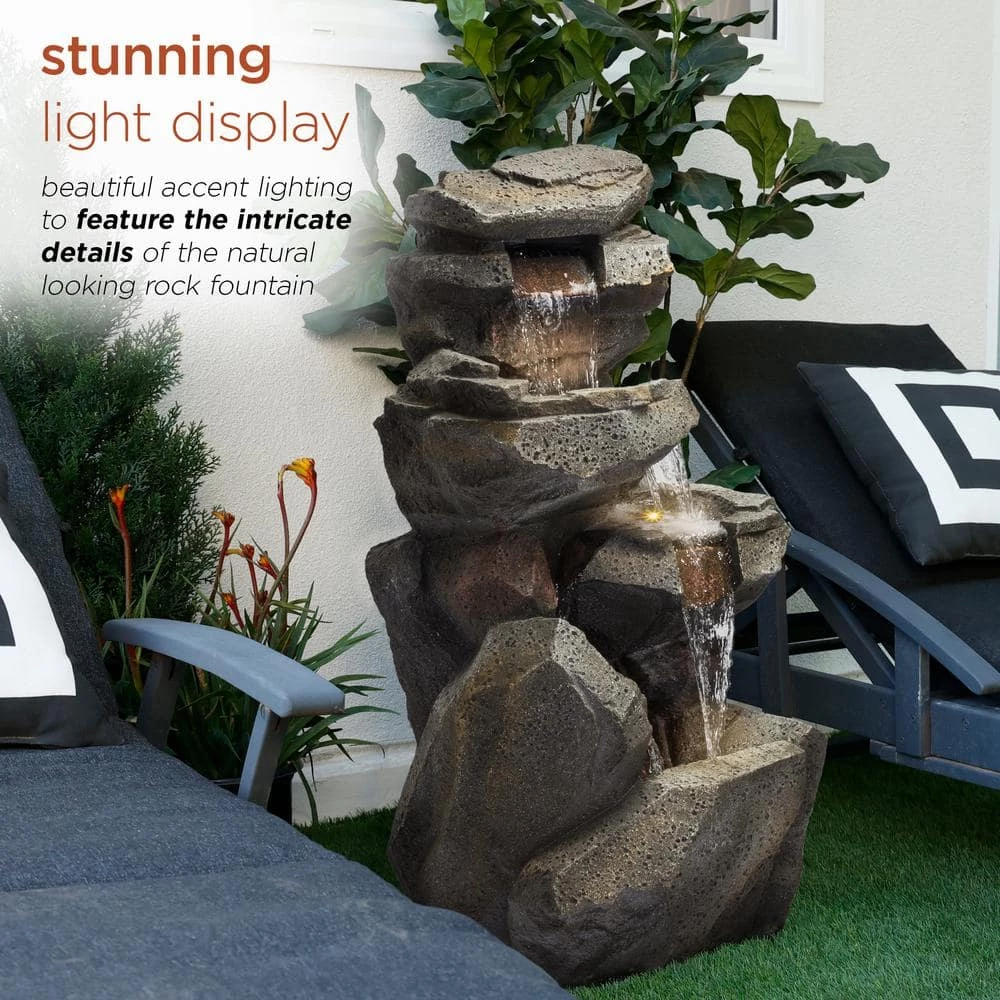 Alpine Corporation 40 in. Tall Outdoor 5-Tier Rock Cascading Waterfall Fountain with LED Lights - Image 5