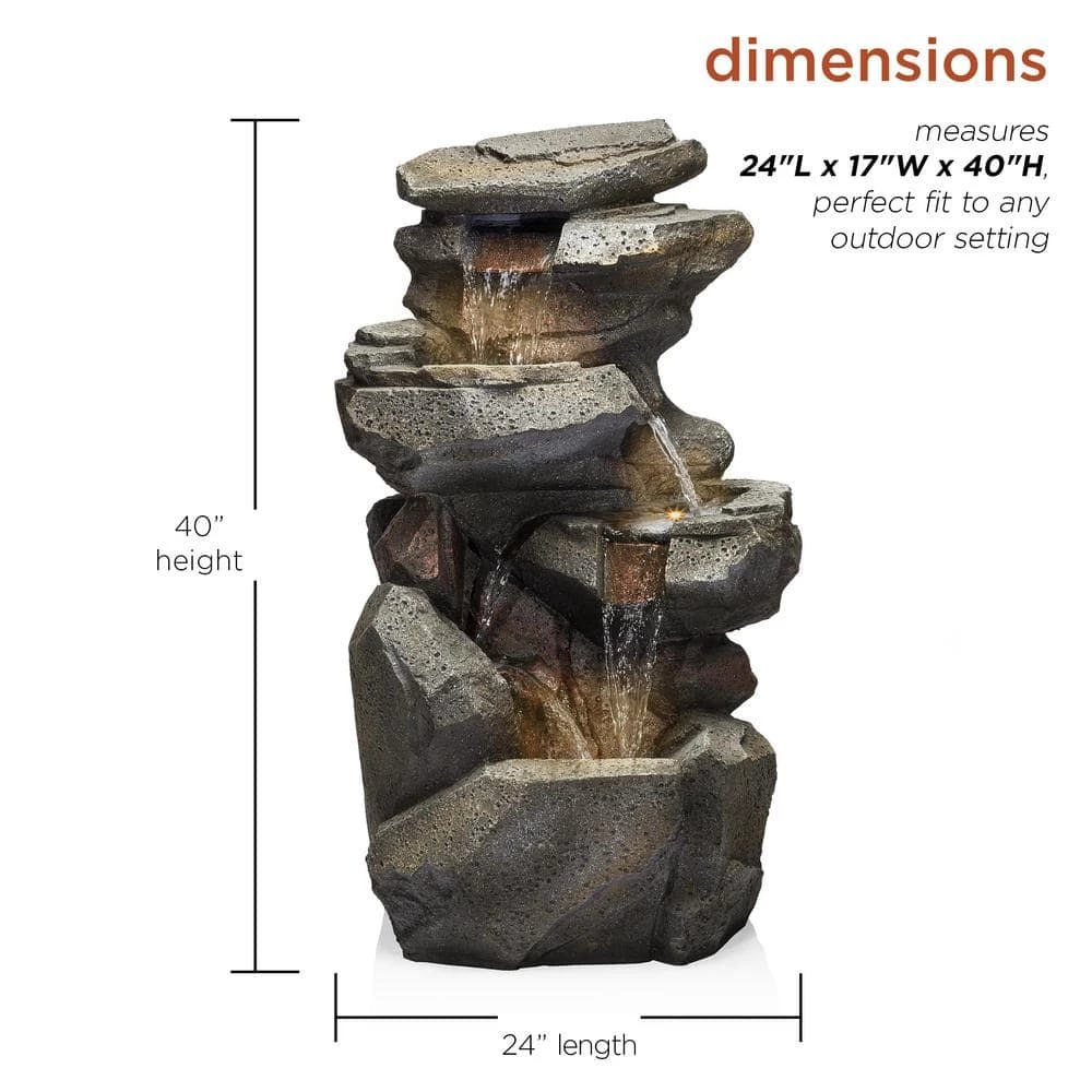 Alpine Corporation 40 in. Tall Outdoor 5-Tier Rock Cascading Waterfall Fountain with LED Lights - Image 3