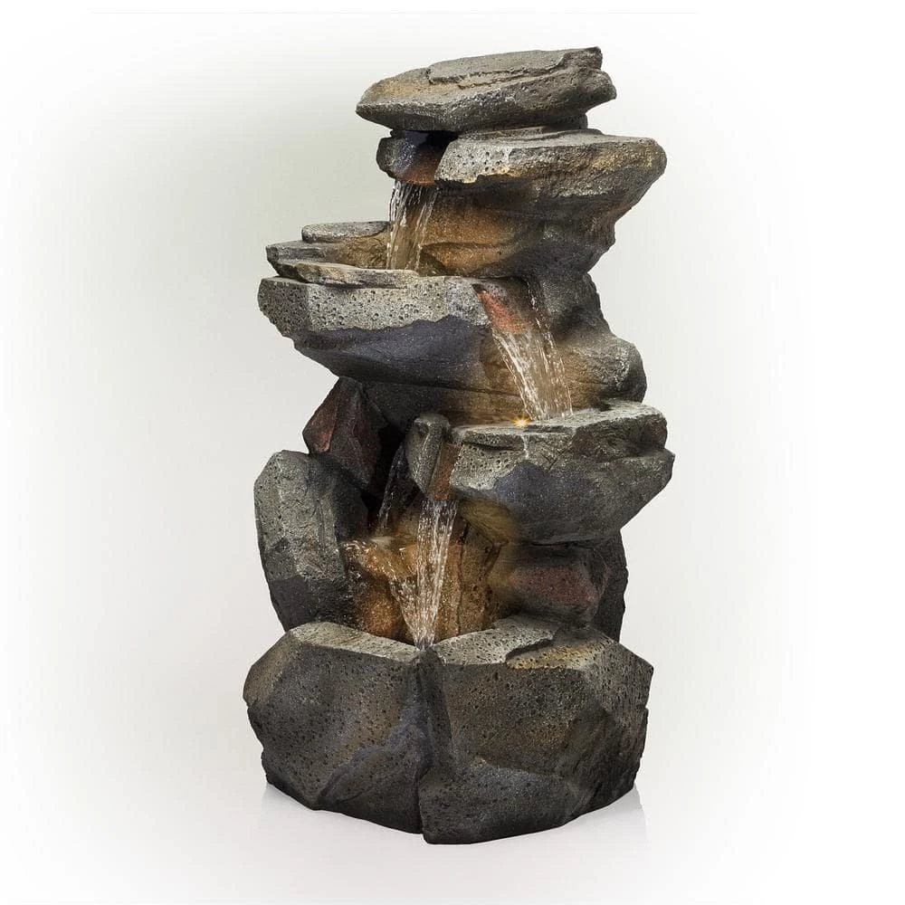 Alpine Corporation 40 in. Tall Outdoor 5-Tier Rock Cascading Waterfall Fountain with LED Lights - Image 9