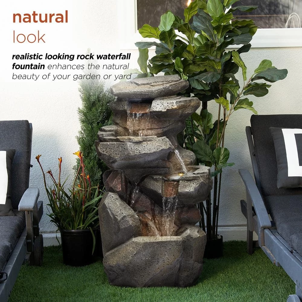 Alpine Corporation 40 in. Tall Outdoor 5-Tier Rock Cascading Waterfall Fountain with LED Lights - Image 4