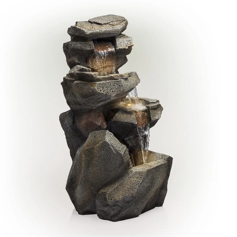 Alpine Corporation 40 in. Tall Outdoor 5-Tier Rock Cascading Waterfall Fountain with LED Lights - Image 8