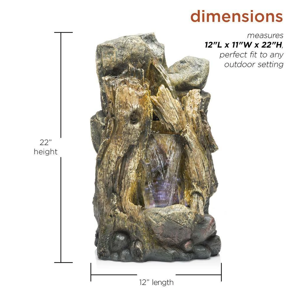 Alpine Corporation 22 in. Tall Outdoor Rainforest Tree Trunk and Stone Waterfall Fountain with LED Lights - Image 3