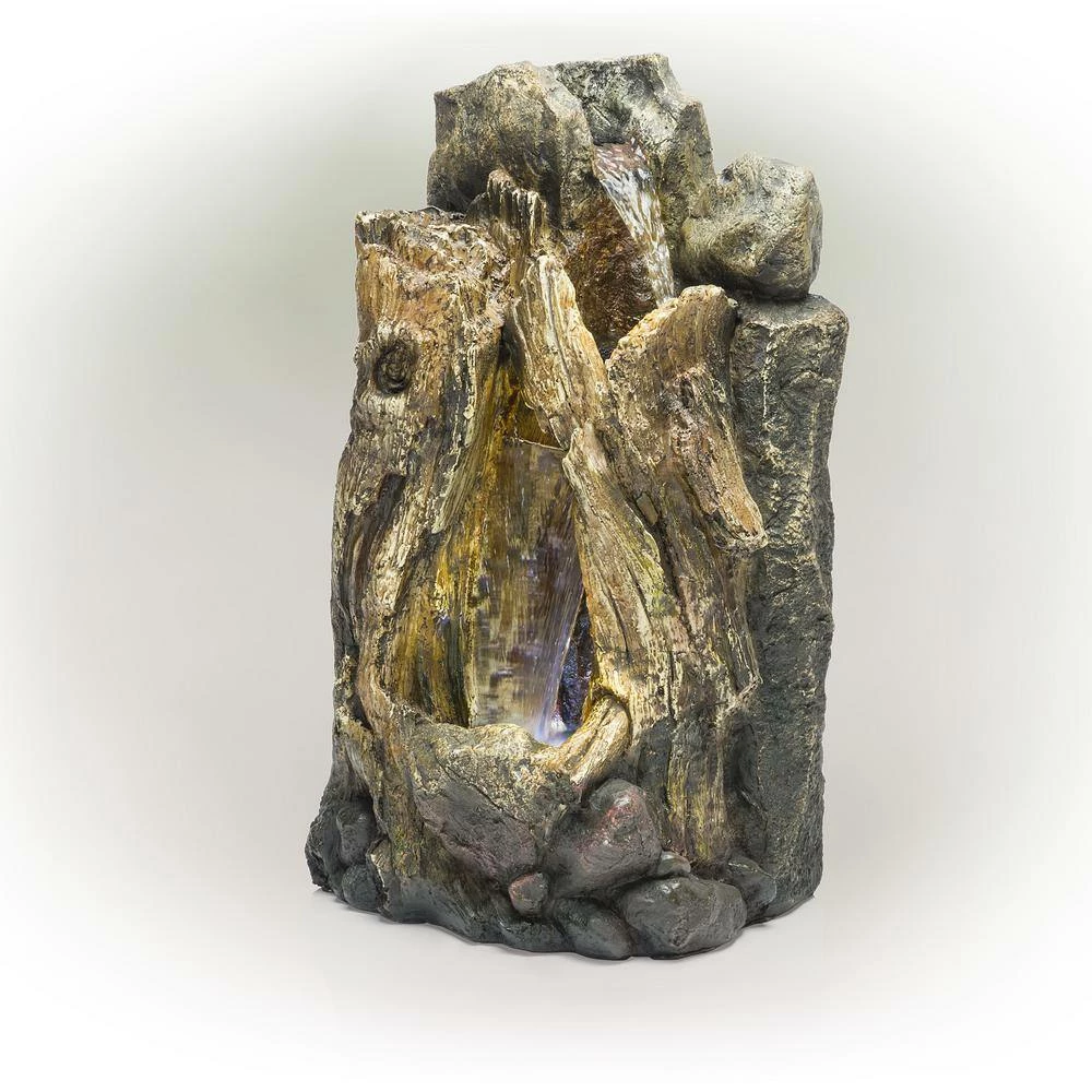 Alpine Corporation 22 in. Tall Outdoor Rainforest Tree Trunk and Stone Waterfall Fountain with LED Lights - Image 9