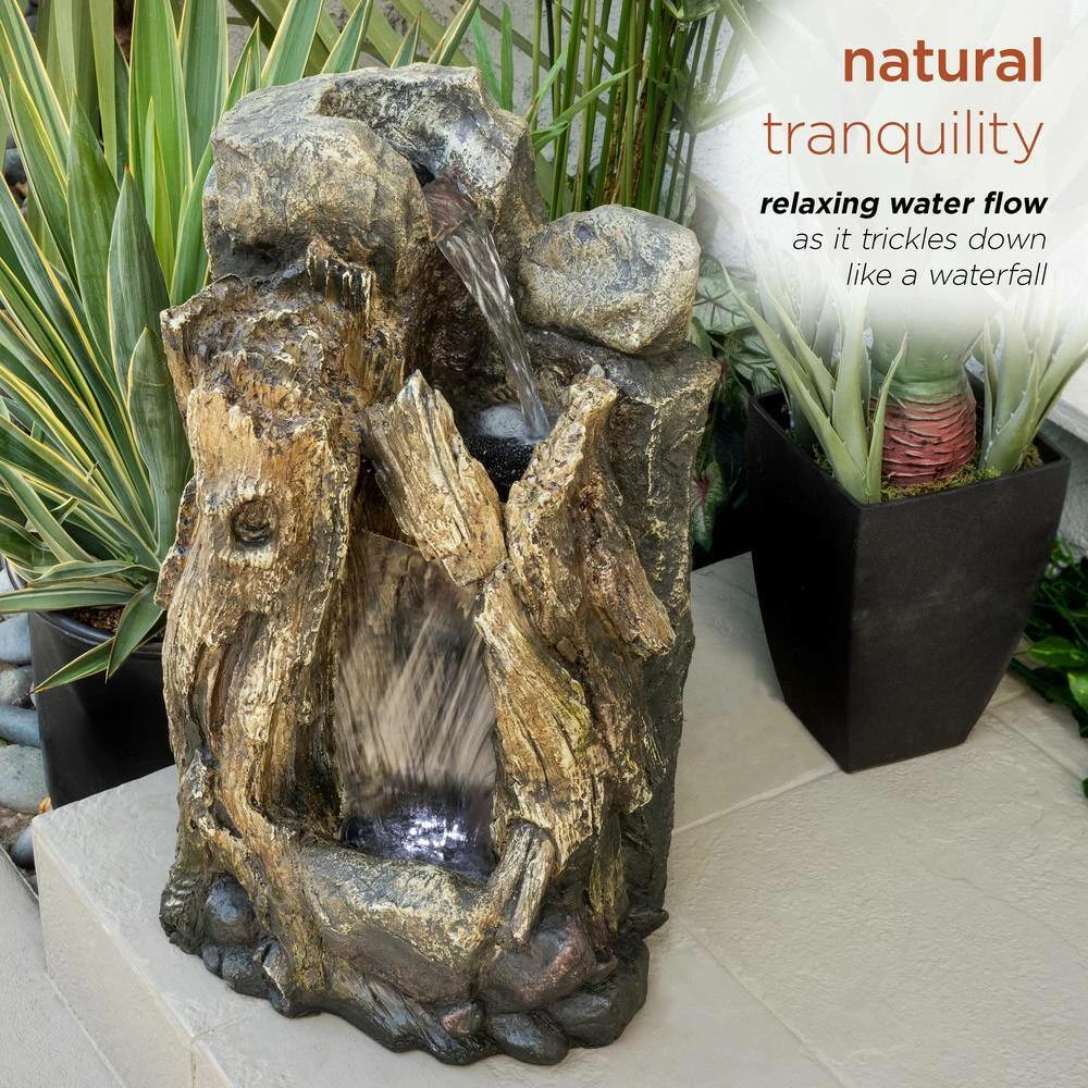 Alpine Corporation 22 in. Tall Outdoor Rainforest Tree Trunk and Stone Waterfall Fountain with LED Lights - Image 6