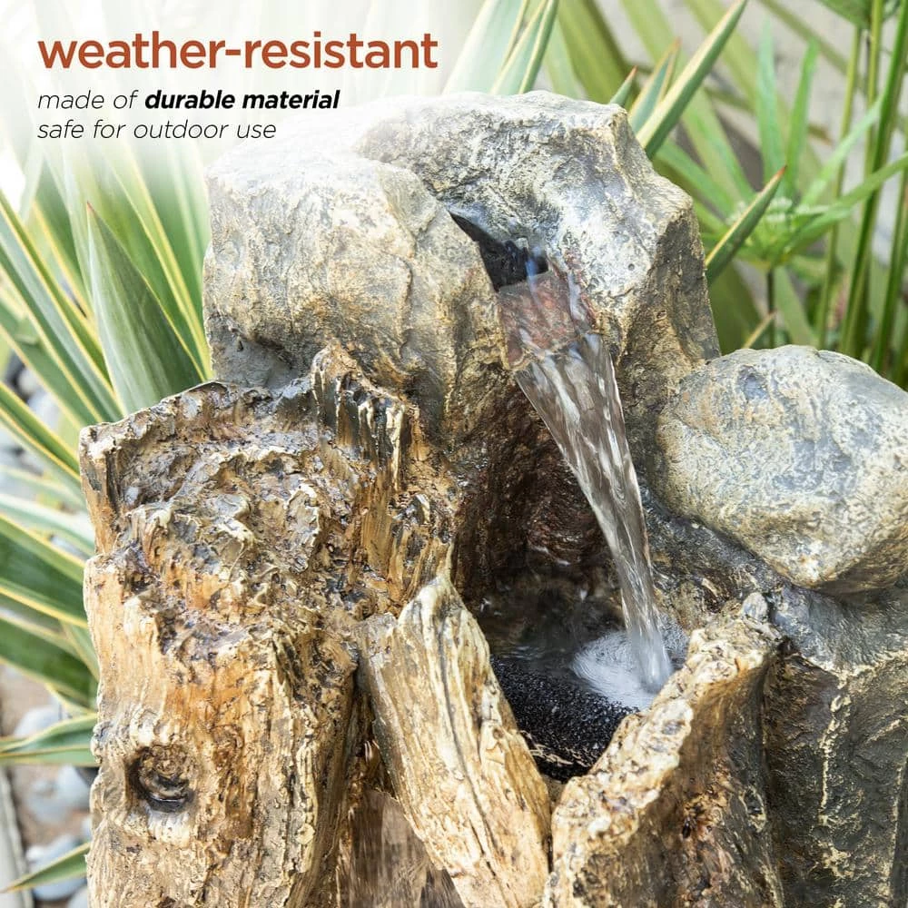 Alpine Corporation 22 in. Tall Outdoor Rainforest Tree Trunk and Stone Waterfall Fountain with LED Lights - Image 7