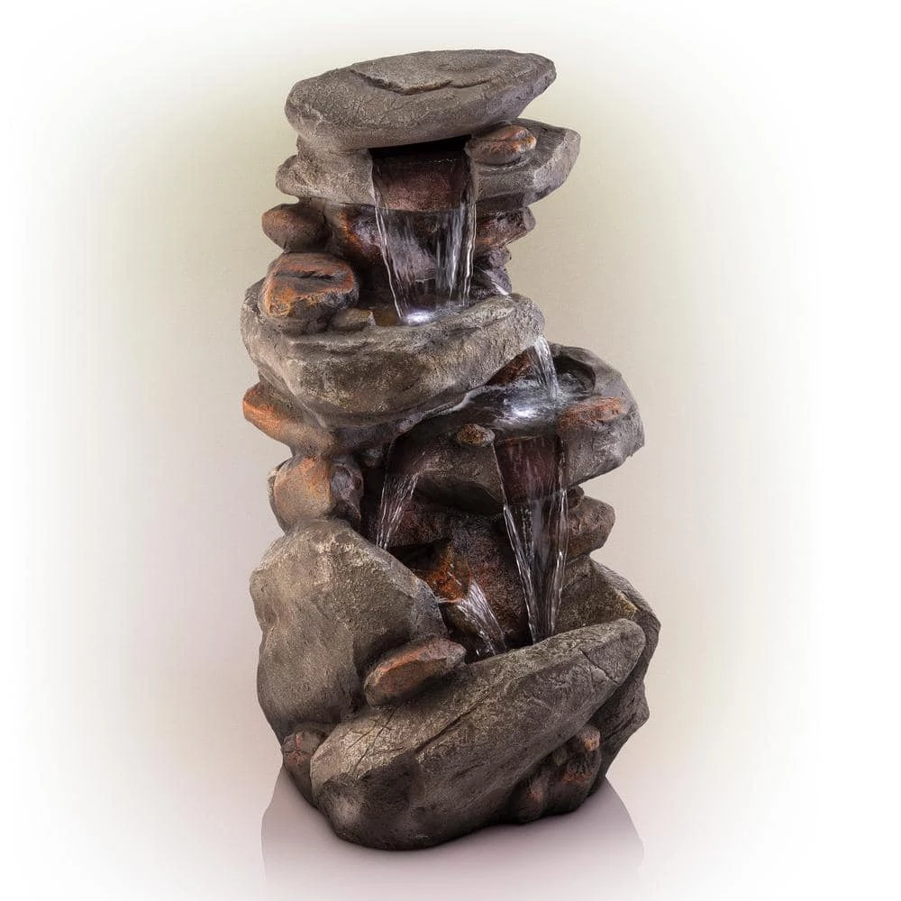 Alpine Corporation 40 in. Tall Outdoor 4-Tier Rock Water Fountain with LED Lights - Image 9