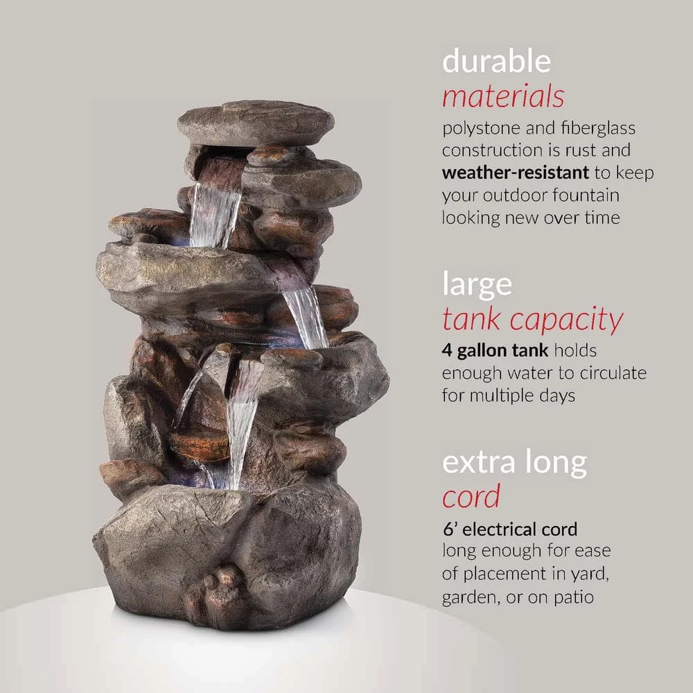 Alpine Corporation 40 in. Tall Outdoor 4-Tier Rock Water Fountain with LED Lights - Image 4