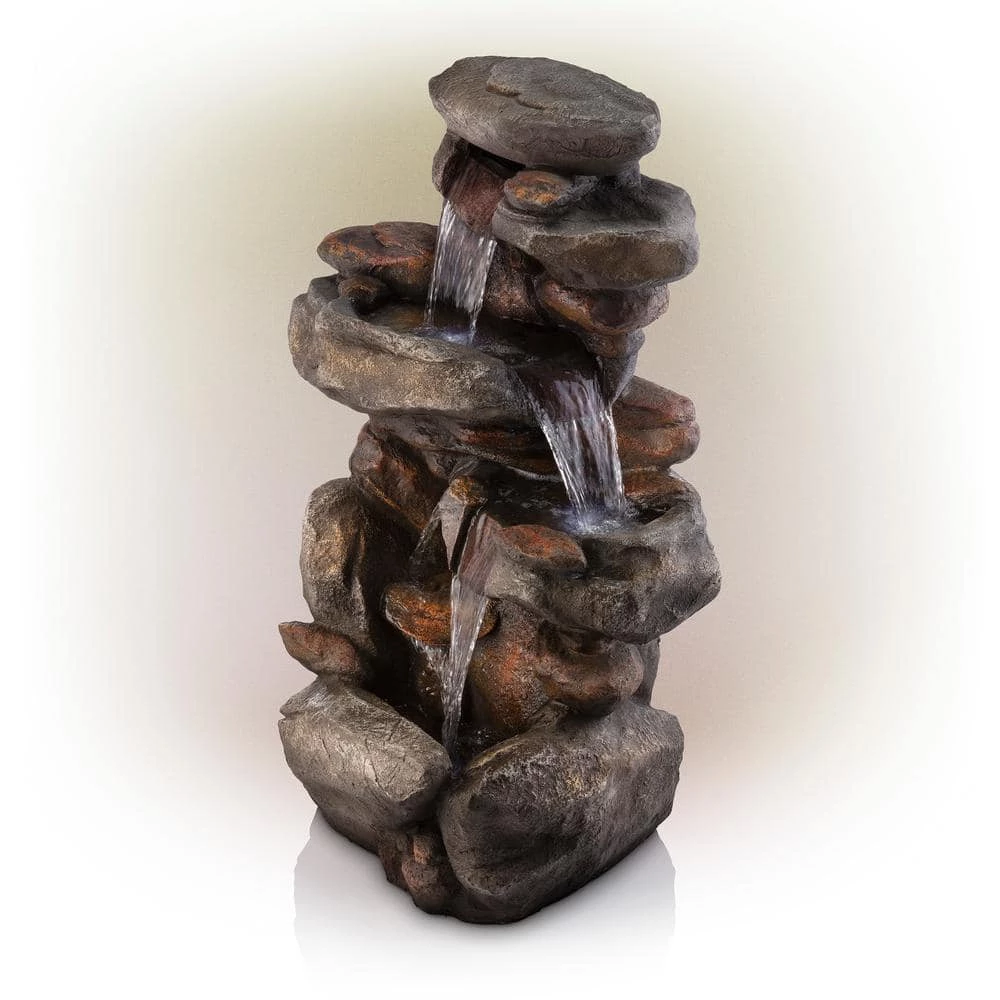 Alpine Corporation 40 in. Tall Outdoor 4-Tier Rock Water Fountain with LED Lights - Image 8