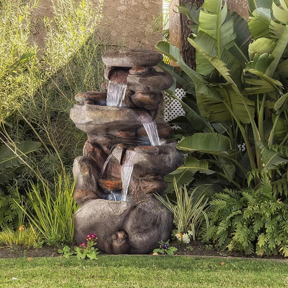 Alpine Corporation 40 in. Tall Outdoor 4-Tier Rock Water Fountain with LED Lights - Image 2