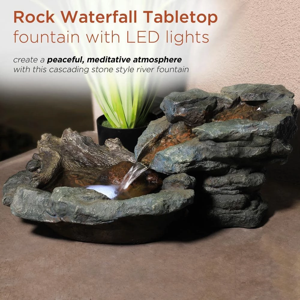 Alpine Corporation 9 in. Tall Indoor/Outdoor River Rock Waterfall Tabletop Fountain with LED Lights - Image 4