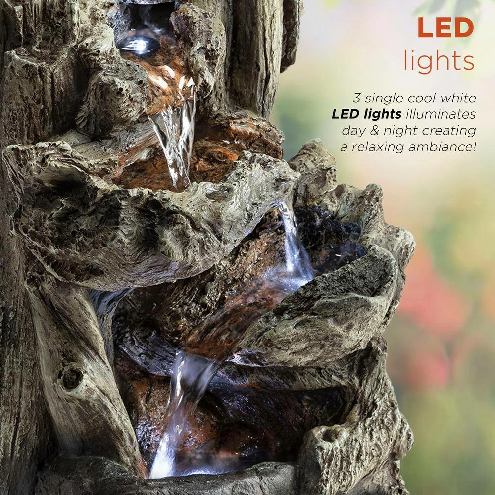Alpine Corporation 14 in. Tall Indoor/Outdoor Tiered Log Tabletop Fountain with LED Lights - Image 5