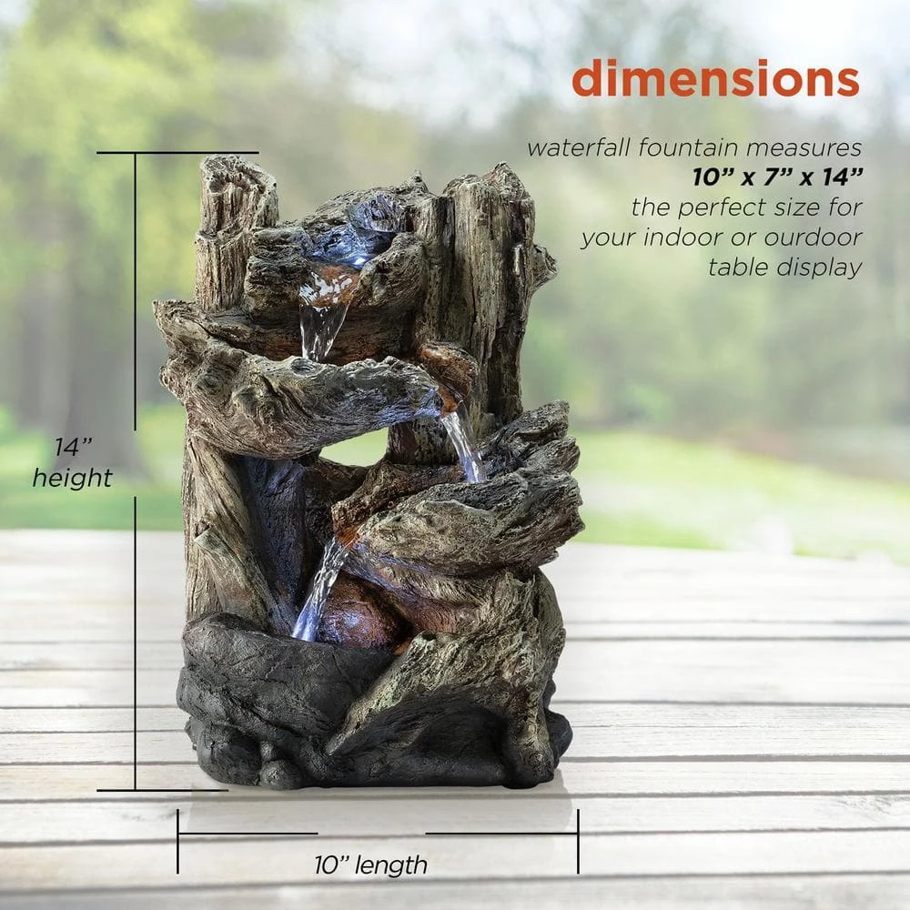 Alpine Corporation 14 in. Tall Indoor/Outdoor Tiered Log Tabletop Fountain with LED Lights - Image 3