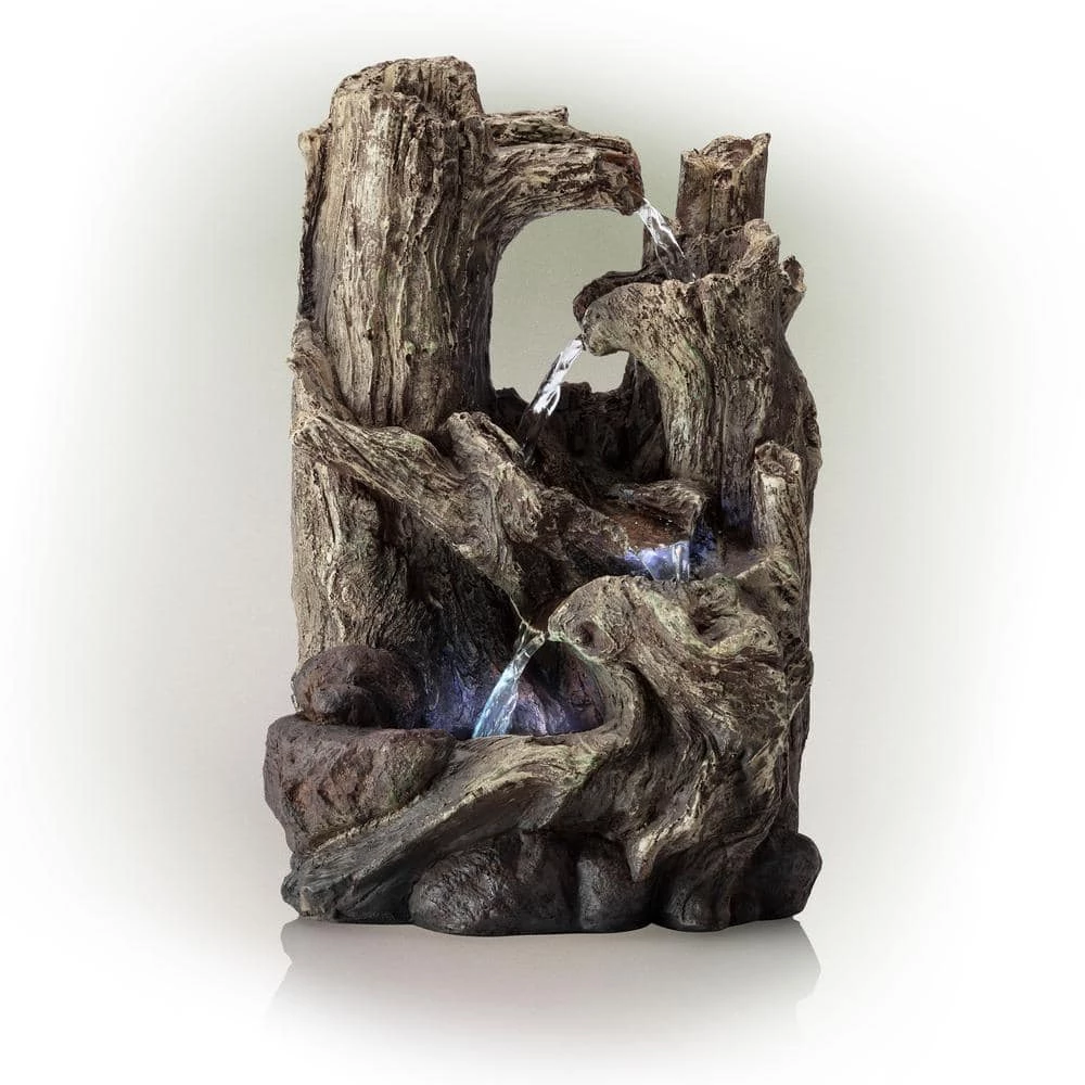 Alpine Corporation 14 in. Tall Indoor/Outdoor Tiered Log Tabletop Fountain with LED Lights