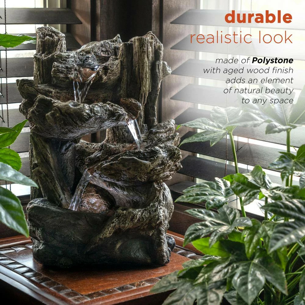 Alpine Corporation 14 in. Tall Indoor/Outdoor Tiered Log Tabletop Fountain with LED Lights - Image 6