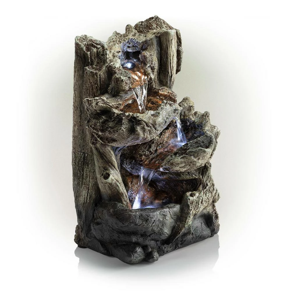 Alpine Corporation 14 in. Tall Indoor/Outdoor Tiered Log Tabletop Fountain with LED Lights - Image 8