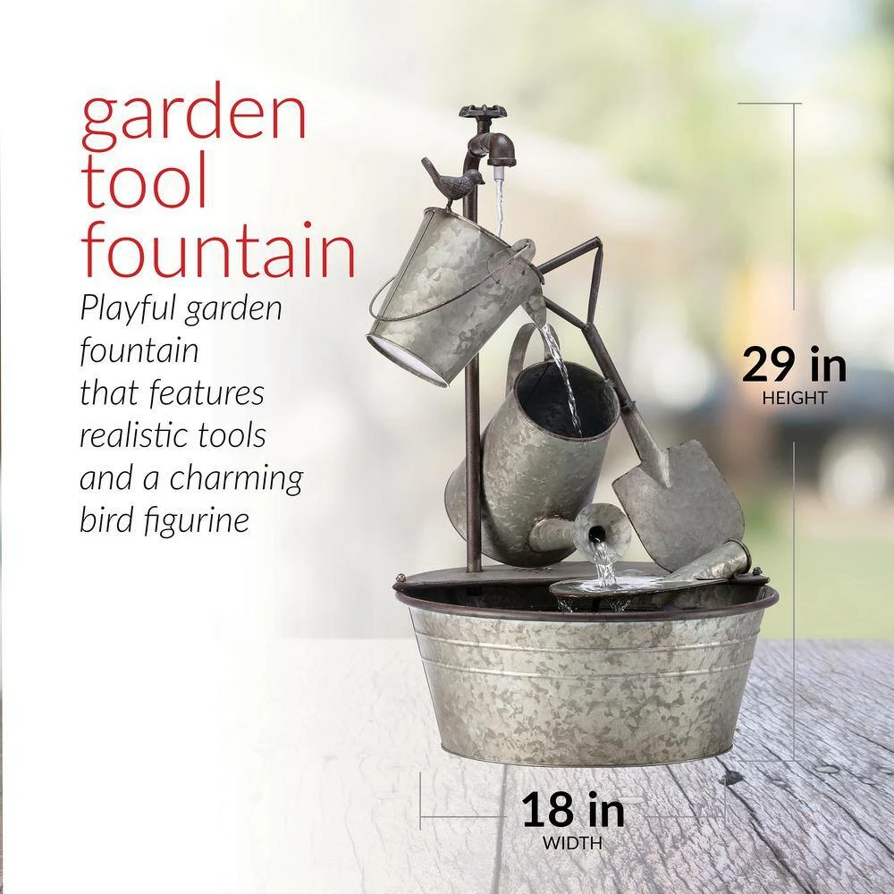 Alpine Corporation 28 in. Tall Outdoor 3-Tier Metal Garden Tools Water Fountain - Image 3