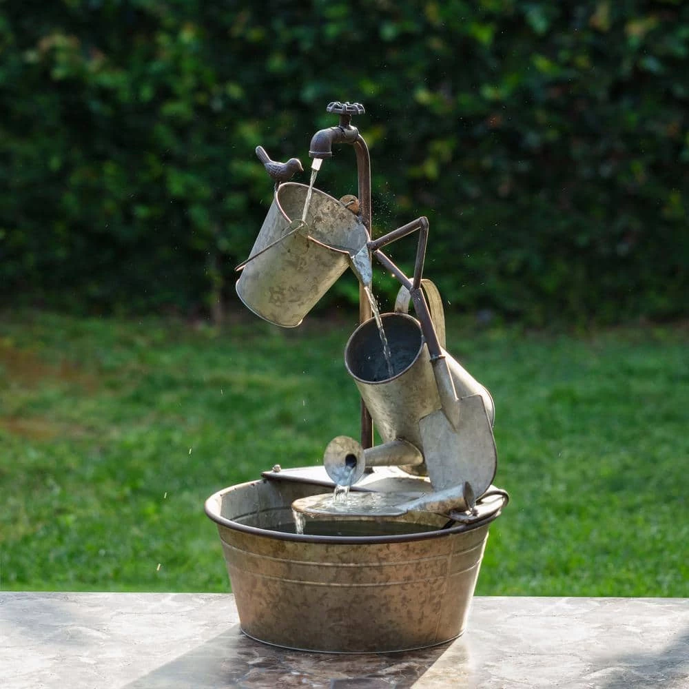 Alpine Corporation 28 in. Tall Outdoor 3-Tier Metal Garden Tools Water Fountain - Image 2