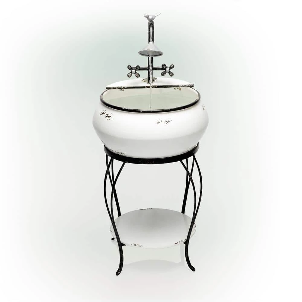 Alpine Corporation 32 in. Tall Outdoor Antique Metal Sink Water Fountain and Stand, White