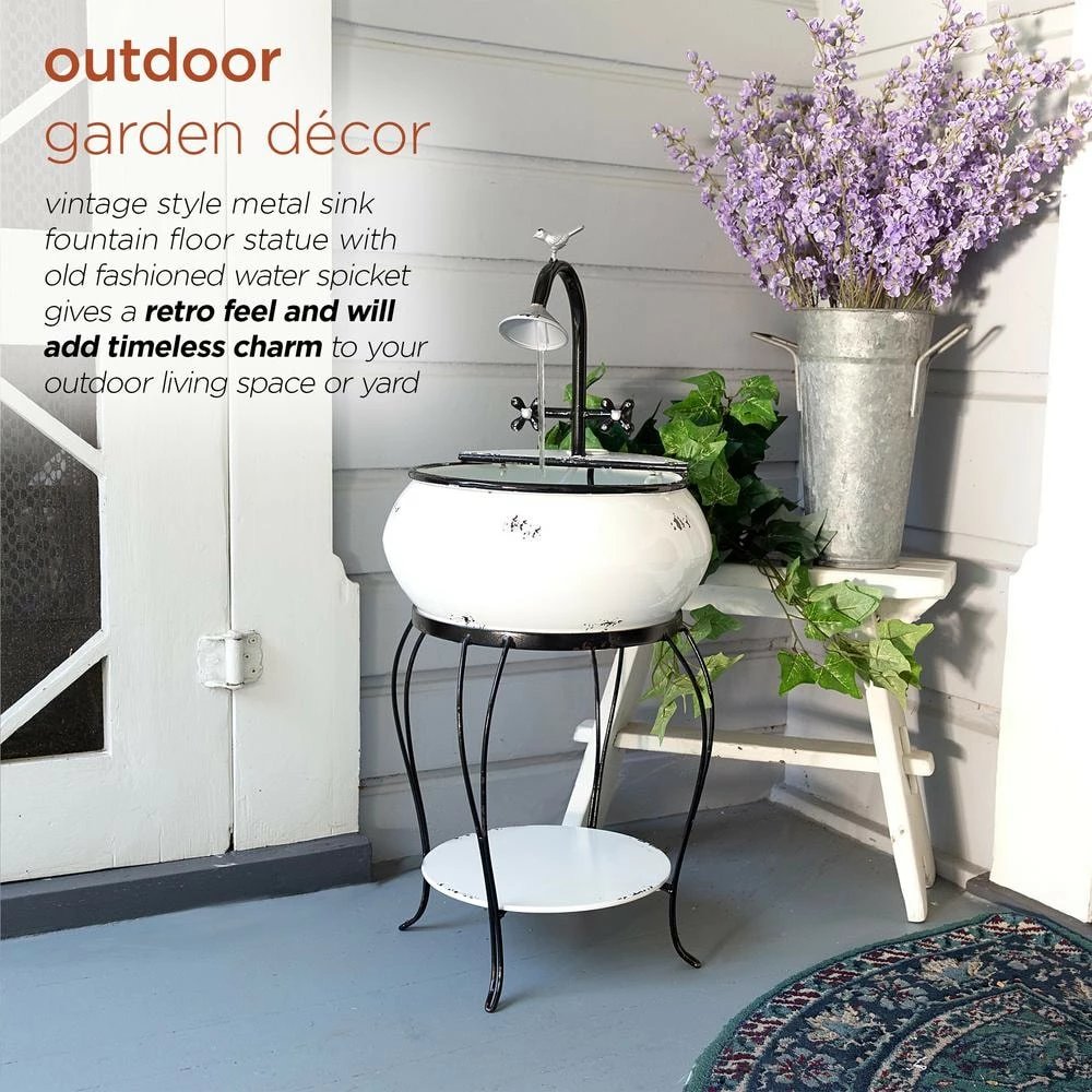 Alpine Corporation 32 in. Tall Outdoor Antique Metal Sink Water Fountain and Stand, White - Image 4