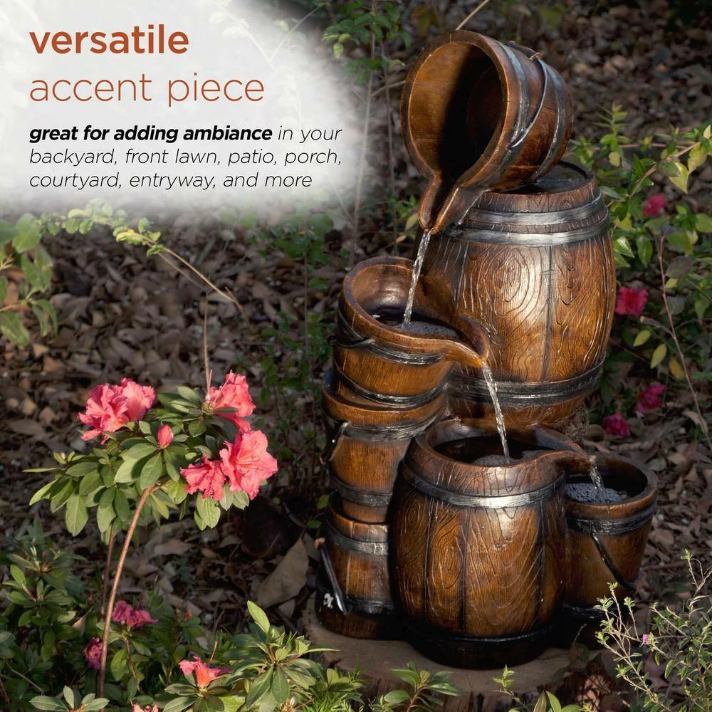 Alpine Corporation 24 in. H Indoor/Outdoor Tiered Barrels and Buckets Fountain, Brown - Image 5