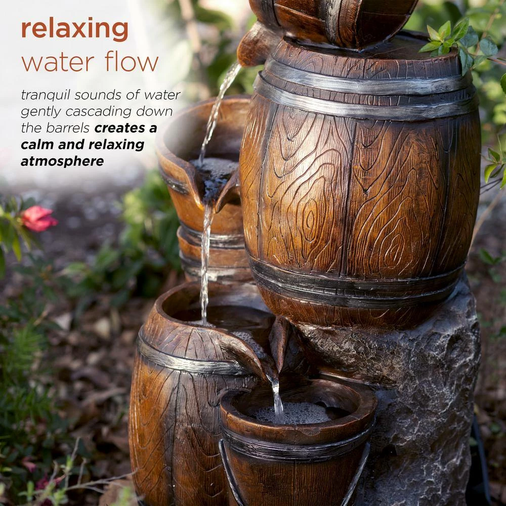 Alpine Corporation 24 in. H Indoor/Outdoor Tiered Barrels and Buckets Fountain, Brown - Image 6