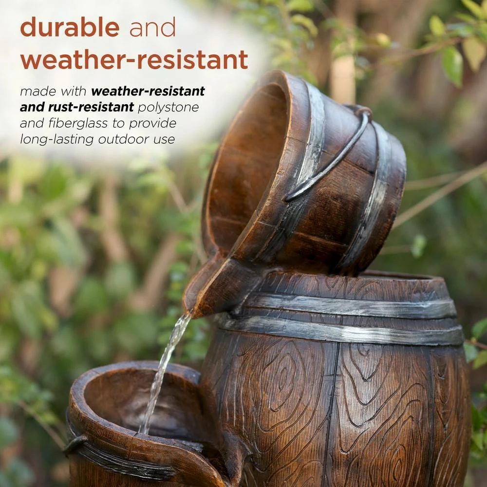 Alpine Corporation 24 in. H Indoor/Outdoor Tiered Barrels and Buckets Fountain, Brown - Image 7