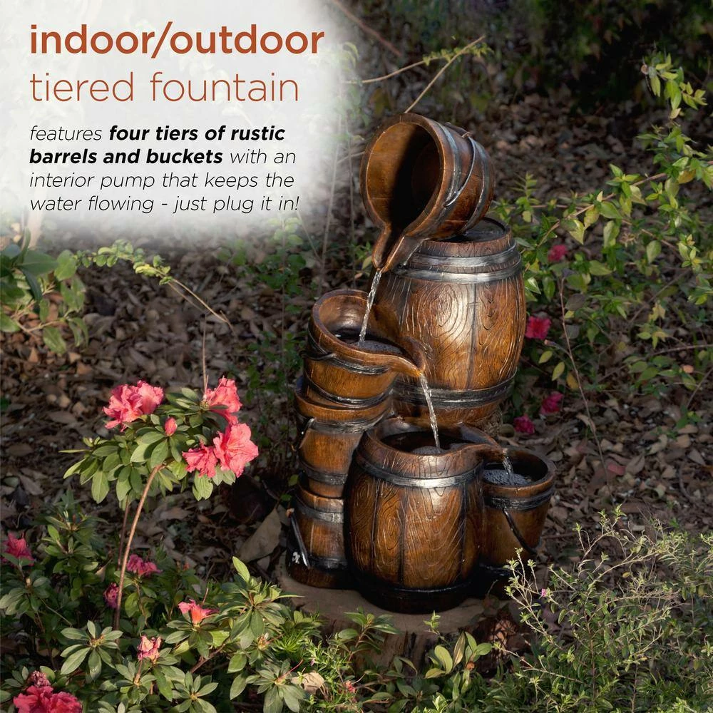 Alpine Corporation 24 in. H Indoor/Outdoor Tiered Barrels and Buckets Fountain, Brown - Image 4
