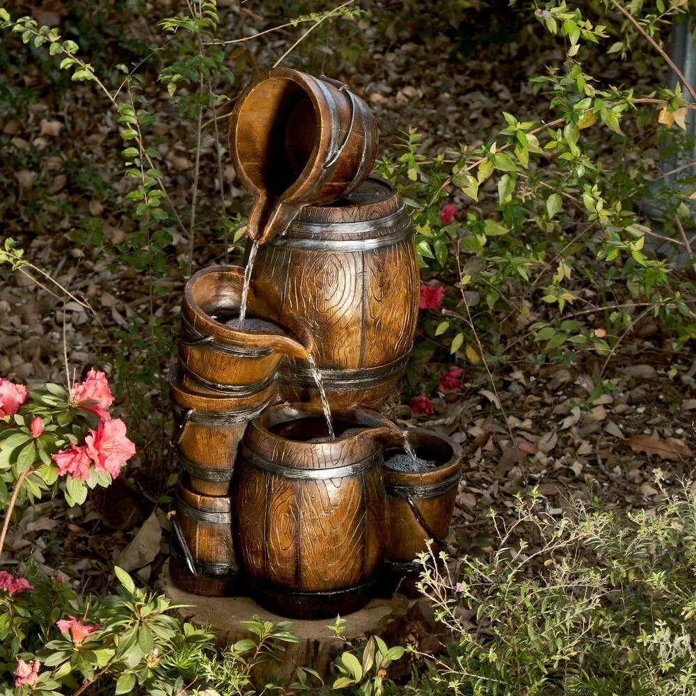 Alpine Corporation 24 in. H Indoor/Outdoor Tiered Barrels and Buckets Fountain, Brown - Image 2