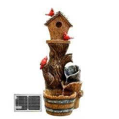 Alpine Corporation 32 in. H Solar-Powered Cascading Barrel Fountain and Cardinal Birdhouse