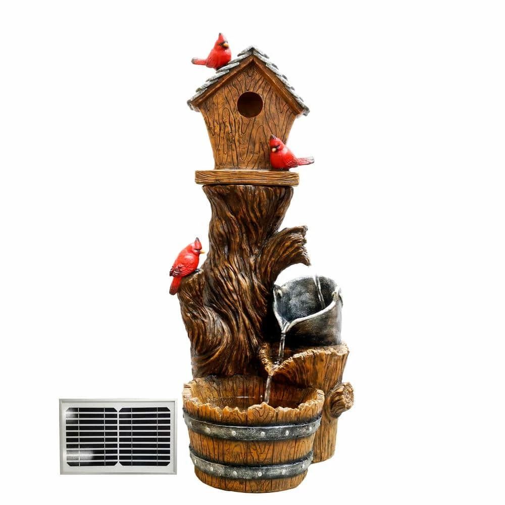 Alpine Corporation 32 in. H Solar-Powered Cascading Barrel Fountain and Cardinal Birdhouse