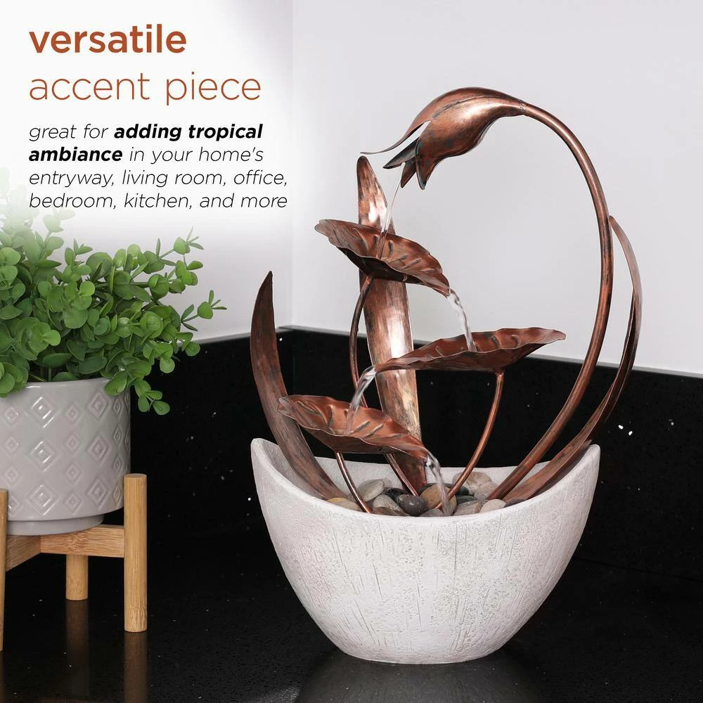 Alpine Corporation 15 in. H Indoor Multi-Tier Metal Floral Leaf Tabletop Fountain with Stone-Filled Base - Image 5