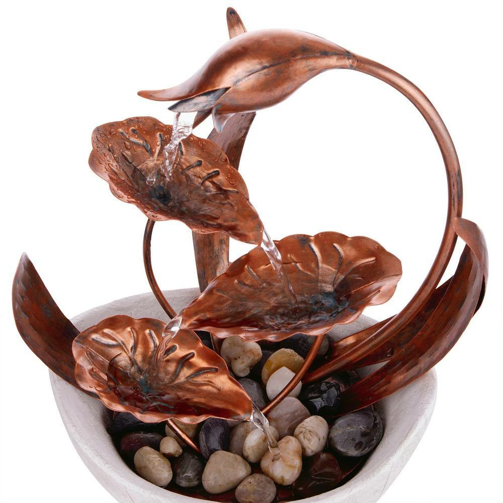 Alpine Corporation 15 in. H Indoor Multi-Tier Metal Floral Leaf Tabletop Fountain with Stone-Filled Base - Image 10
