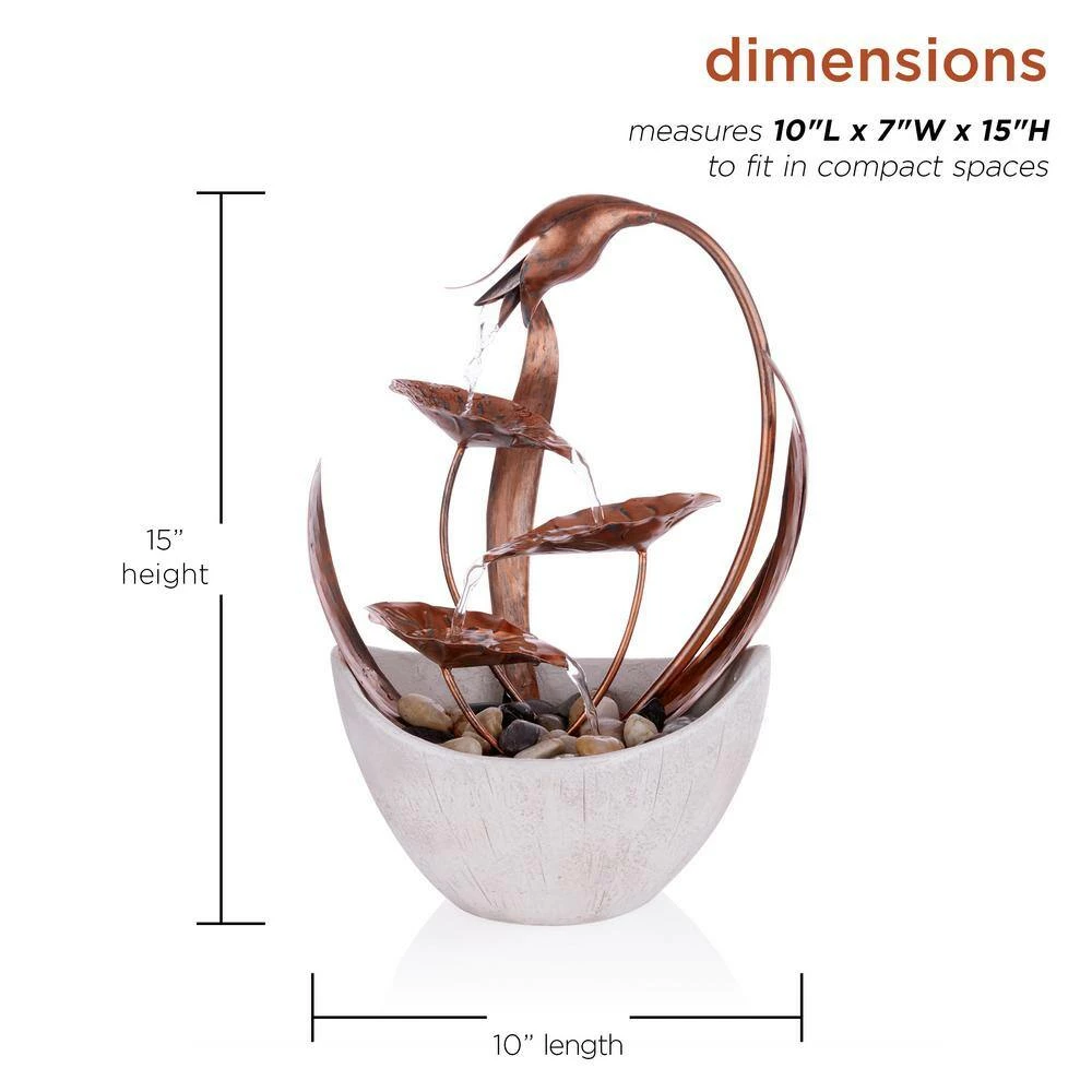 Alpine Corporation 15 in. H Indoor Multi-Tier Metal Floral Leaf Tabletop Fountain with Stone-Filled Base - Image 3