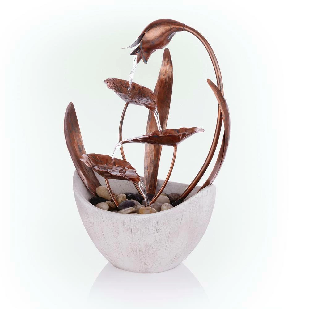 Alpine Corporation 15 in. H Indoor Multi-Tier Metal Floral Leaf Tabletop Fountain with Stone-Filled Base - Image 9