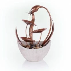 Alpine Corporation 15 in. H Indoor Multi-Tier Metal Floral Leaf Tabletop Fountain with Stone-Filled Base