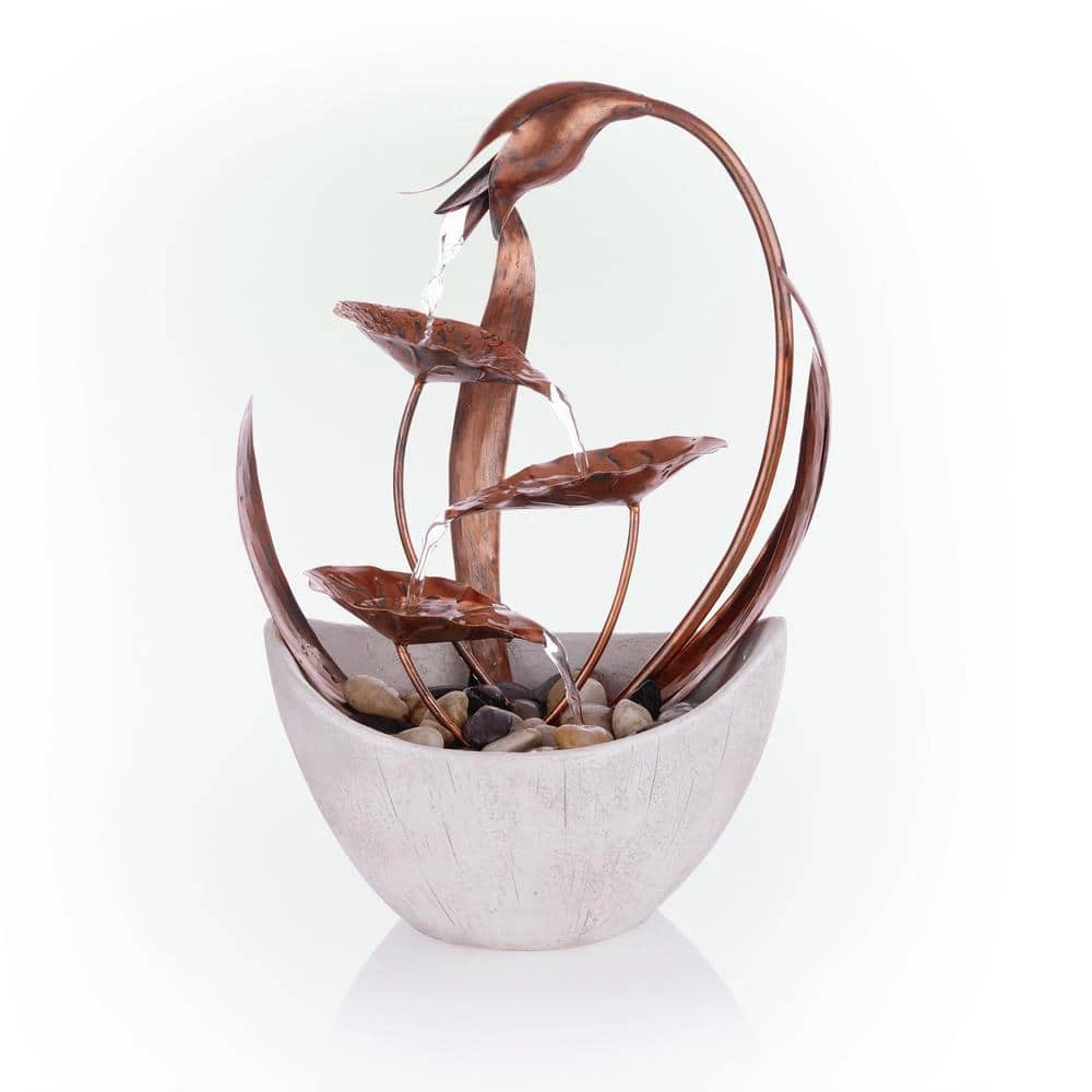 Alpine Corporation 15 in. H Indoor Multi-Tier Metal Floral Leaf Tabletop Fountain with Stone-Filled Base