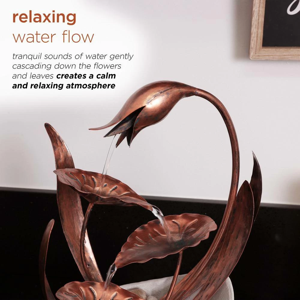 Alpine Corporation 15 in. H Indoor Multi-Tier Metal Floral Leaf Tabletop Fountain with Stone-Filled Base - Image 6