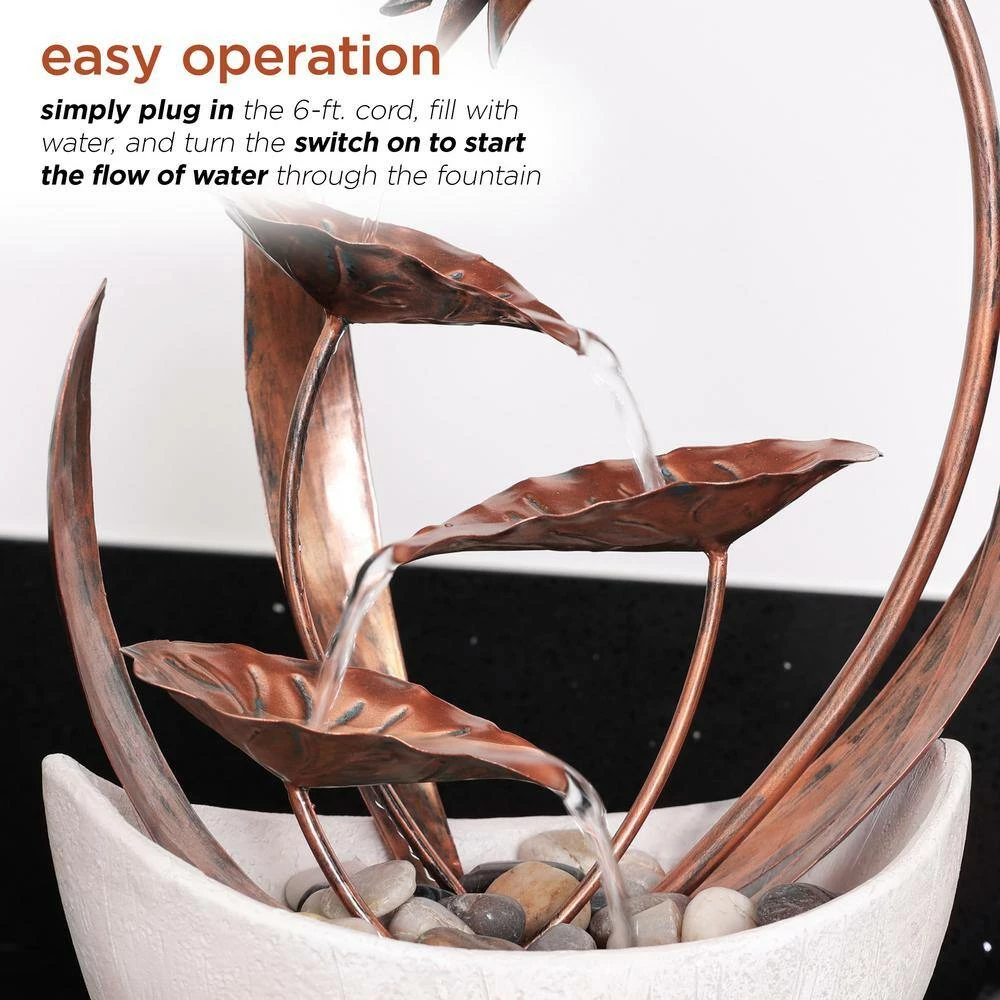 Alpine Corporation 15 in. H Indoor Multi-Tier Metal Floral Leaf Tabletop Fountain with Stone-Filled Base - Image 7